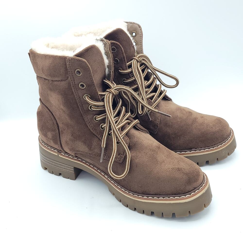 Olivia Miller Brown Suede Boots Lace Up Faux Fur Lining women's Size 7 - Picture 3 of 9